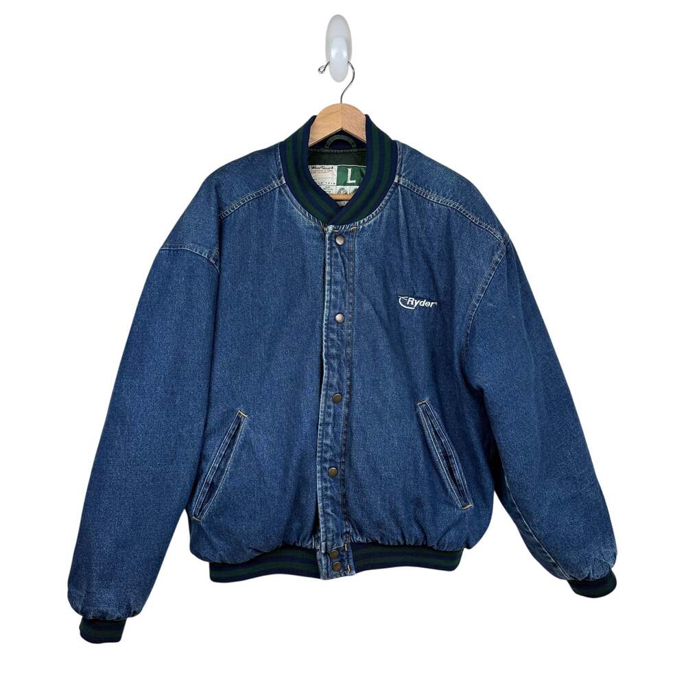 Vtg WearGuard Denim Bomber Jacket Cotton Quilted Lined Blue Workwear Utility L